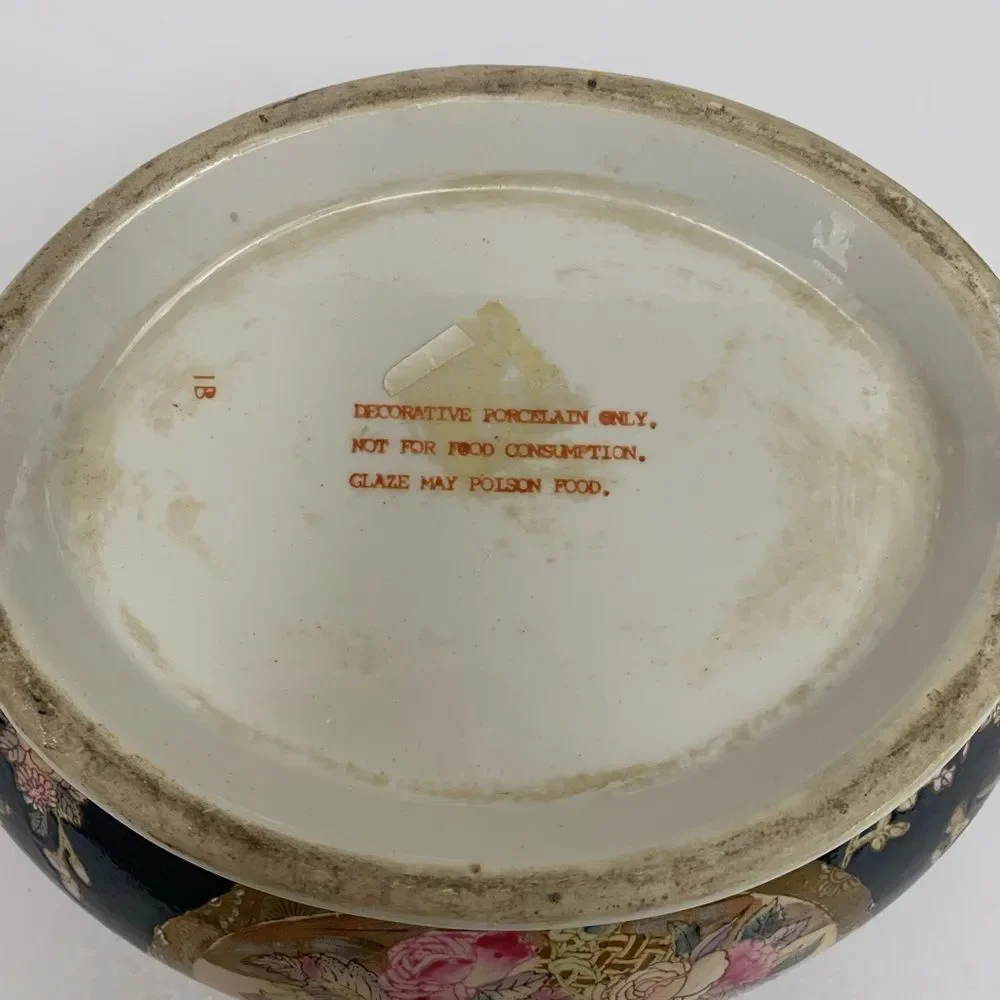 Antique Hand-Painted Porcelain Tureen Chinoiserie Satsuma style Blue Gold Gilt